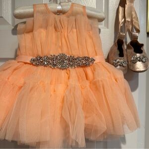 BABY Peach Tulle Embellished Dress sz 1-2, icludes lace up Shoes size 6-12 mths.